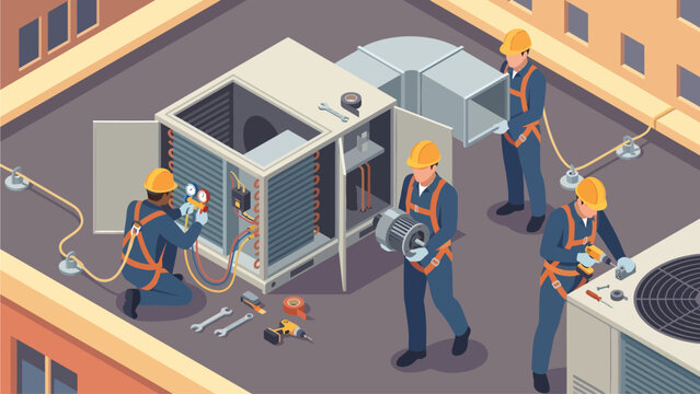 Isometric HVAC technicians repairing rooftop air conditioning unit, commercial building maintenance, industrial service