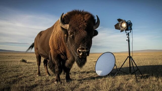 Bison photography session, portrait of a wild bison in a field photoshoot with artificial light