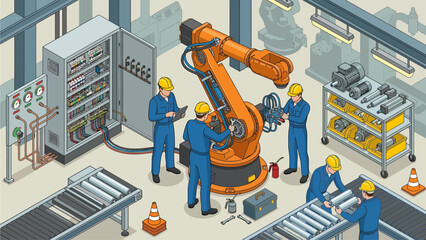 Isometric factory automation: Engineers maintain robotic arm, conveyor belt production line. Industry 4.0 technology solutions for business presentations