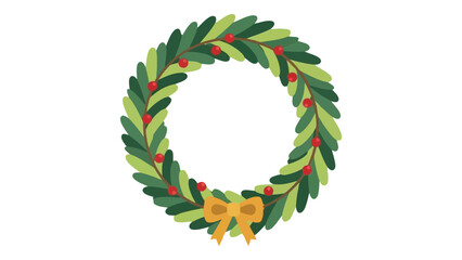 Evergreen wreath with red berries and golden bow for decorations