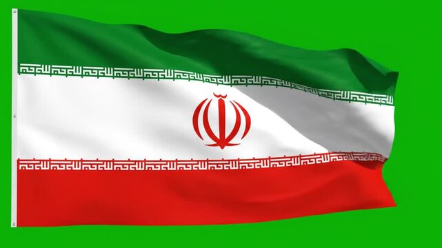 Waving Flag of Iran on Green Screen, Realistic 3D Animation of Iranian National Symbol with Allah Emblem, Green White and Red Banner, Chroma Key Background
