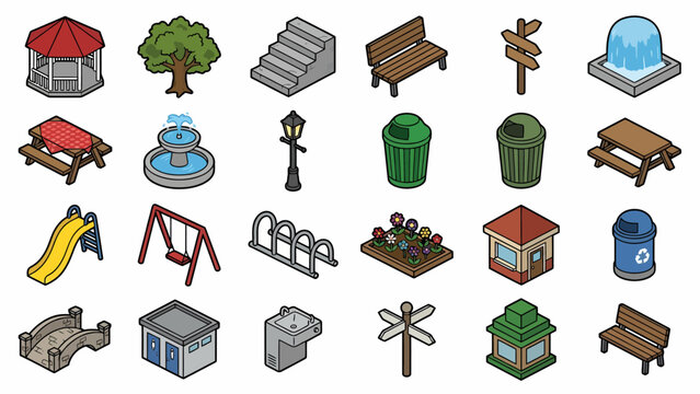 Isometric park elements vector set: playground, fountain, furniture, and landscaping icons for game design and urban planning visualizations.
