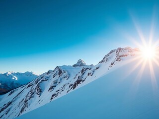 Skier silhouette against sunlit mountain slope, blue sky,  sunny,  silhouette