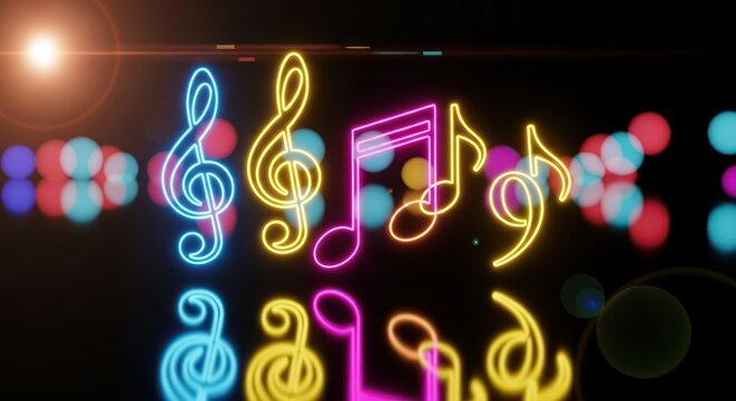 Neon musical notes glowing with vibrant colors creating a dynamic and electrifying atmosphere