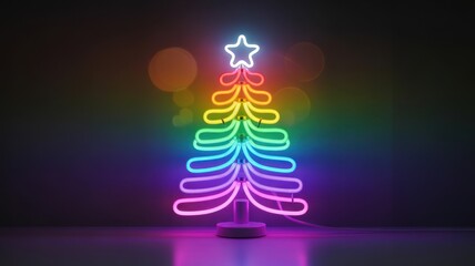 Neon Christmas Tree: Illuminated in vibrant rainbow hues, the iconic symbol of the holiday season, radiating festive cheer and vibrant glow.