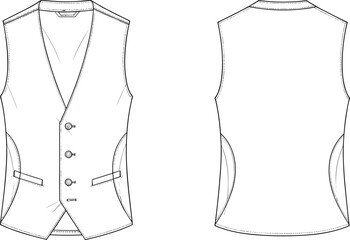 “Men’s vest fashion flat sketch, tailored waistcoat technical drawing, vector garment template with buttons, welt pockets and structured construction lines”
