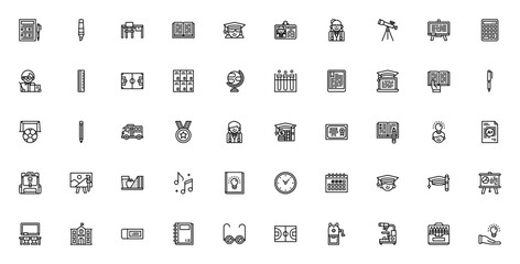 Education icon set. Minimal vector line icons pack. ncludes symbols for exam, raduation, student, teache, school, book, learning, cience, and more. Editablestroke.