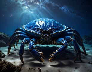 A majestic, hyperrealistic blue crab stands on a sandy ocean floor with the Milky Way visible above. Underwater