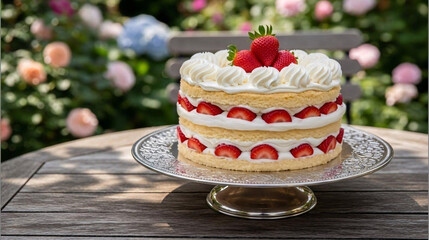 Layered strawberry shortcake with whipped cream on outdoor table