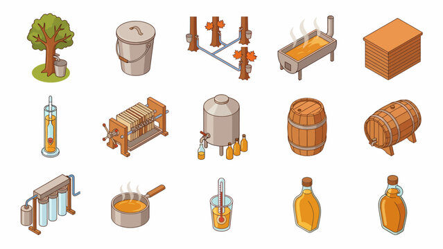 Isometric Maple Syrup Production Illustration: From Tree Tapping to Bottling, A Commercial Process Diagram
