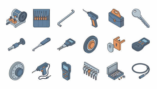 Isometric Locksmith Tools Set: Key Cutting Machine, Lockpicks, and Security Equipment - Modern Vector Illustration