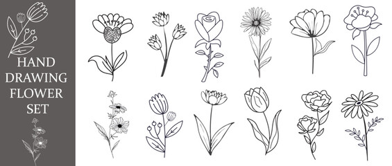 Hand-Drawn Flower Line Art Collection — Botanical Outline Floral Vector Illustrations, Wildflower Ink Sketch Set for Logos, Branding & Wedding Design