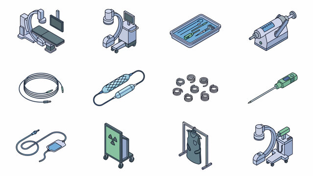 Isometric Medical Equipment Vector Icons Set: Radiology, Angiography, Stent, Tools - Healthcare Technology Illustrations for Design Projects