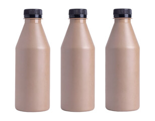 Three beige bottles with black caps arranged in a row on a transparent background