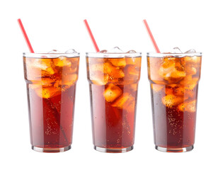 Three tall glasses filled with cold soda and ice cubes, each with a pink straw, arranged in a row on a transparent background