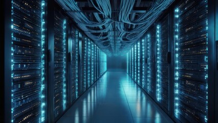 Dark server room lit by blue light