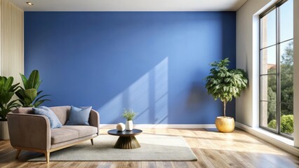 A mysterious, dark blue wall dominates a minimalist room, creating an aura of calmness and sophistication