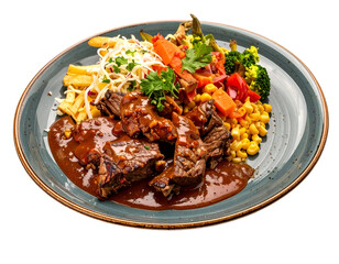 A hearty plate of beef stew with vegetables and pasta served on a decorative ceramic dish