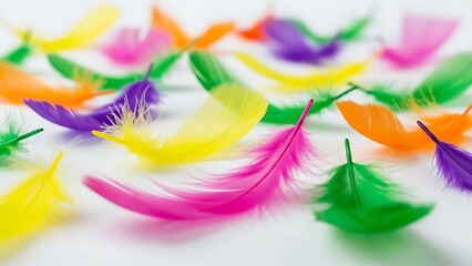 Obraz premium Vibrant assortment of colorful craft feathers scattered on a white surface