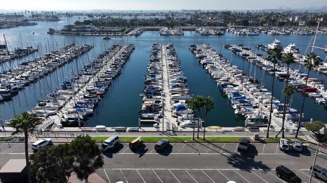 Long Beach, California, USA - Aerial View of Naples Island With Boats and Yachts on a Sunny Day in the Marina Pacifica With Beachfront Homes in the Ocean