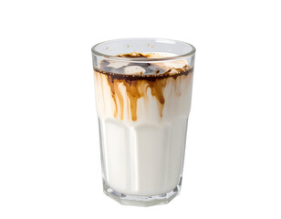 A glass of milk with a swirl of chocolate syrup on top, served in a clear drinking glass with a transparent background