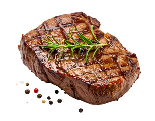 Juicy, perfectly cooked steak topped with fresh rosemary and surrounded by colorful peppercorns