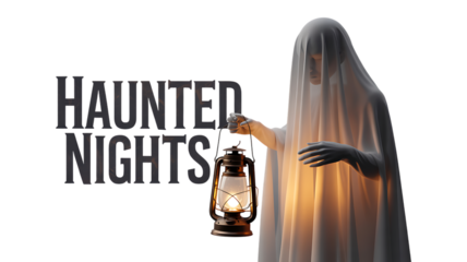 Ghost holding lantern with haunted nights text spirit isolated on a transparent background