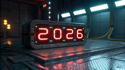 Futuristic Digital Countdown Timer Showing Year 2026 in Sci-Fi Setting