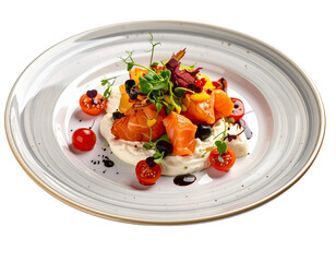 Gourmet dish featuring fresh salmon, cherry tomatoes, microgreens, and colorful vegetables on a stylish plate