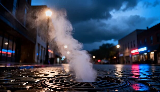 Steaming manhole steam vent in wet cobblestone street with neon lights night rain city atmosphere, urban.