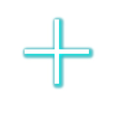 A glowing plus sign with a white center and a cyan outline on a black background in a simple graphic style