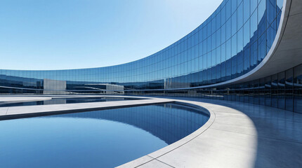 Futuristic curved glass building facade reflecting in a calm water pool. Modern corporate architecture background with blue sky and minimalist design