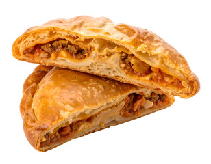 Two golden-brown savory pastries filled with seasoned meat and vegetables, with one pastry cut open to reveal the filling inside