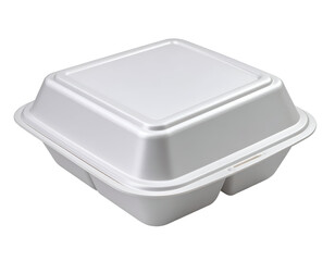 A plain white takeout food container with a secure lid, commonly used for packaging and transporting meals