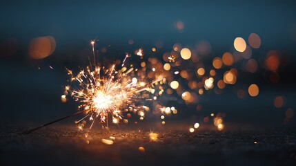 Close-up of a sparkling burning sparkler with golden glowing sparks and festive bokeh lights creating a vibrant celebratory atmosphere on a dark background