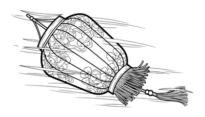 An ornate, traditional Chinese lantern depicted in a stylized, flowing, wind-swept illustration.