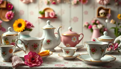 Fototapeta premium Whimsical tea party scene with mismatched crockery and oversized teacups, kingdom, party