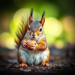 Obraz premium Playful squirrel pauses mid-scamper, bright eyes glancing curiously, holding a nut, playful, active