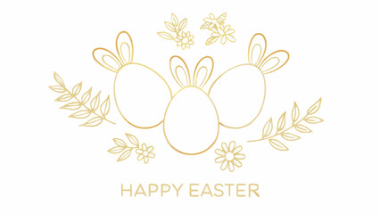Elegant gold outline of easter eggs with bunny ears surrounded by delicate floral branches and the text happy easter