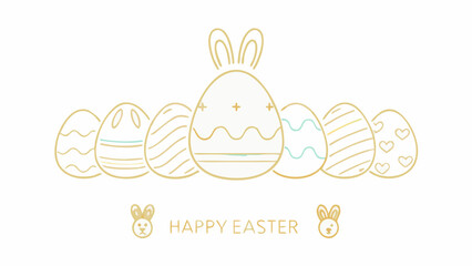 Minimalist line art illustration of decorated easter eggs with bunny ears and happy easter text on a white background
