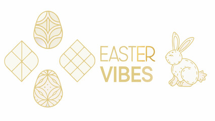 Elegant gold line art easter celebration with decorative eggs and a cute bunny alongside the text easter vibes