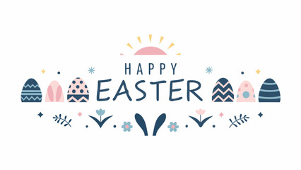 Happy easter greeting with decorative elements including patterned eggs bunny ears flowers and a rising sun illustration