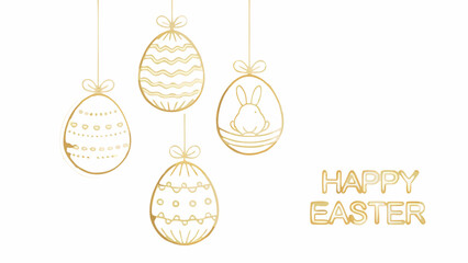 Elegant gold outline easter eggs with a bunny and happy easter text on a white background