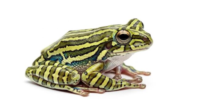 Collection of striped green frog in multiple static frame isolated on white background