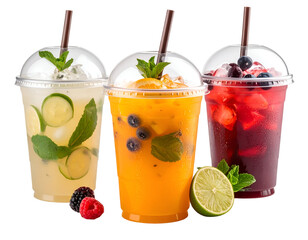 Three refreshing fruit beverages with ice, garnishes, and colorful fruit slices in clear cups with straws