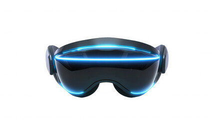 A futuristic vr headset with blue glowing accents isolated on a black background in a studio shot on transparent background