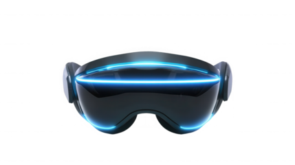 A futuristic vr headset with blue glowing accents isolated on a black background in a studio shot on transparent background
