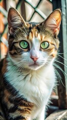 Obraz premium Feral beauty tamed a stunning calico cat with piercing green eyes and clipped ears tells a story of love and care