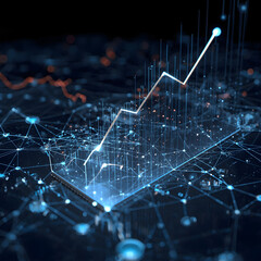 digital transformation business chart with sharp upward momentum, laser-sharp data lines that crisscross and converge, a large holographic virtual screen displaying dynamic metrics