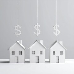 Three small white model houses, each with a dollar sign hanging above, on a light gray background